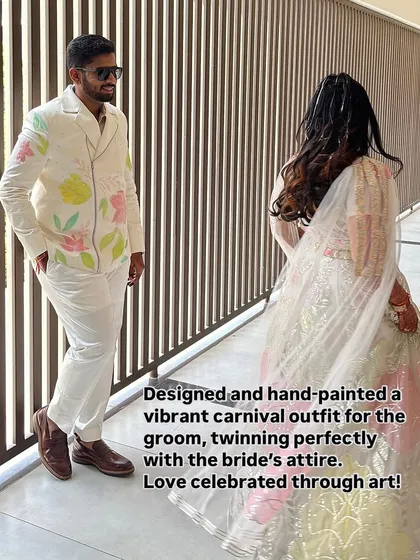 Art is a beautiful way to celebrate love. I designed and hand-painted this vibrant carnival outfit for the groom, creating a design that perfectly twinned with the bride’s attire for their special day.
