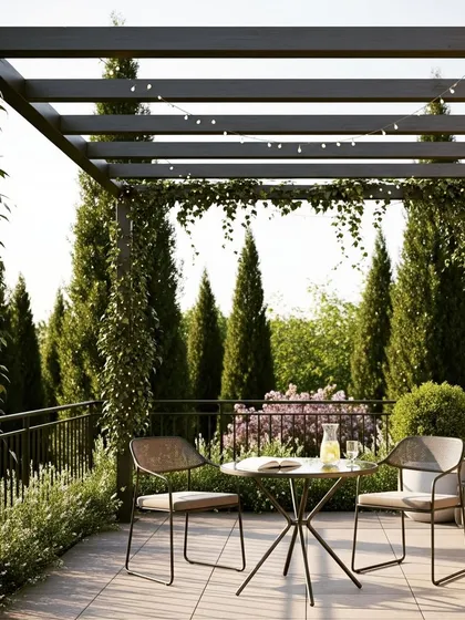 A romantic balcony setting featuring a simple metal pergola adorned with climbing ivy and string lights. This design shows how a small space can be transformed into a charming dining nook.