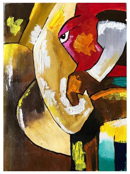 A close-up of the textured Ganesha knife painting, showing how layers of paint are applied to create depth and dimension.