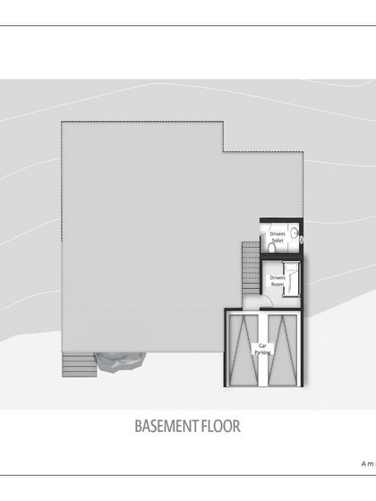 The basement floor plan for The Ridgeway Escape, showing the practical integration of car parking and service areas into the sloped site.