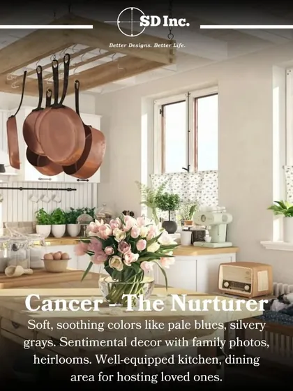 Zodiac interiors for Cancer, the nurturer. Soft, soothing colors, sentimental decor with family photos, and a well-equipped kitchen for hosting loved ones.