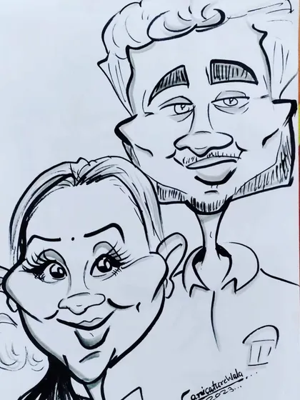 A classic black and white couple caricature. This timeless style uses bold lines and shading to focus on expressions, making it a popular choice for anniversary and wedding gifts.
