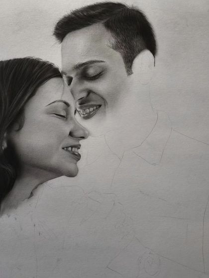 A work-in-progress shot showing the initial rendering of the couple's faces.