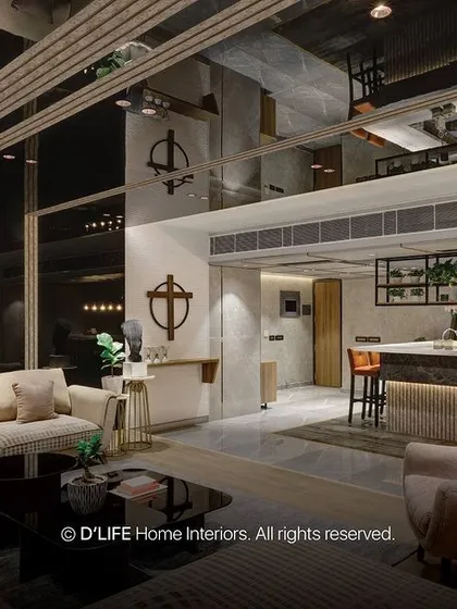 A stunning duplex living room with high ceilings and an open-plan kitchen in the background. The design uses a mix of industrial and warm elements to create a dramatic yet inviting space.