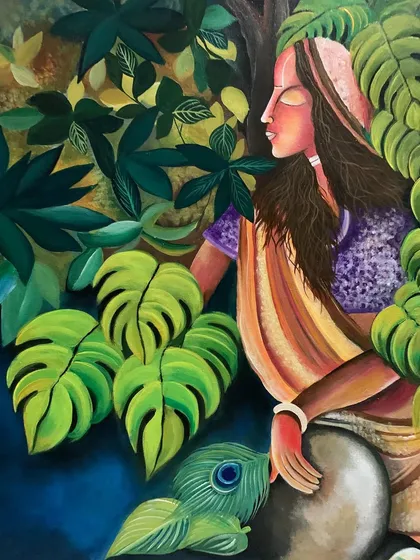 A canvas painting of a woman in a traditional saree, surrounded by lush green foliage.