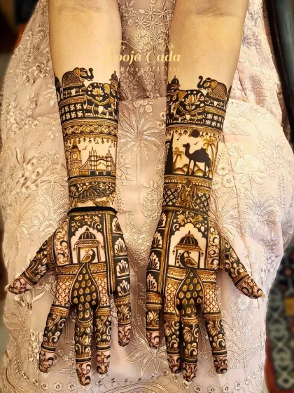 A stunning design for a gorgeous bride from Dubai. This piece blends traditional royal motifs like elephants and jharokhas with a bold, modern aesthetic using negative space, creating a truly unique and customized look.