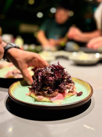A chef's hand carefully plating a dish of cured meat and crispy red seaweed during the Praça Prazeres event. Every detail was plated with intention.
