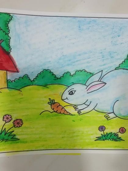 A classic scene of a rabbit and a carrot, beautifully colored by a young student.