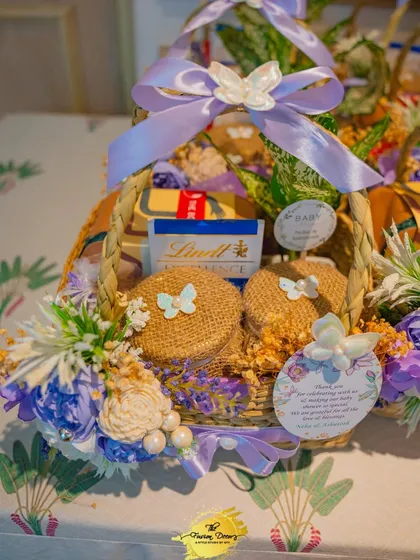 A closer look at the details of a custom baby shower favor. The basket includes premium chocolates and other goodies, all beautifully wrapped and adorned with delicate butterfly accents.