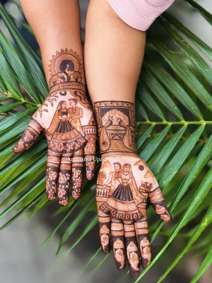 A complete view of a Karwa Chauth mehandi set. One hand shows a couple portrait, while the other features a woman with a puja thali, framed by traditional peacock motifs.
