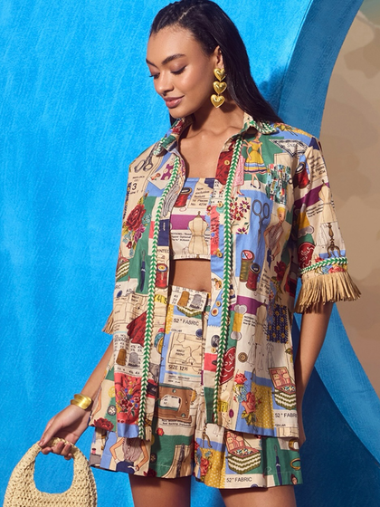 A colorful co-ord set from Qala Clothing's "Casa Solana" collection, shot against a bright blue section of our custom set.