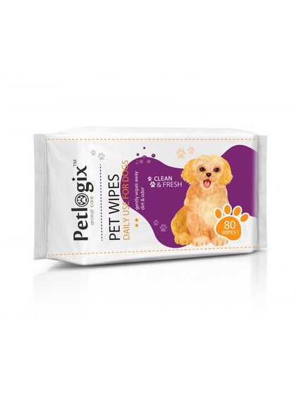 A clear, angled view of my Pet Wipes packaging, showing the convenient 80-wipe count. They are a must-have for any pet owner for quick clean-ups at home or on the go.
