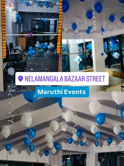 A collage showing simple blue and white balloon decorations for a shop opening, including balloons on the ceiling and at the entrance.