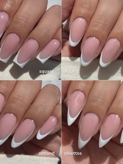 Not sure which nail shape is for you? This guide shows four of our most requested shapes on a classic French manicure: the elegant square, the versatile round, the trendy almond, and the dramatic stiletto.