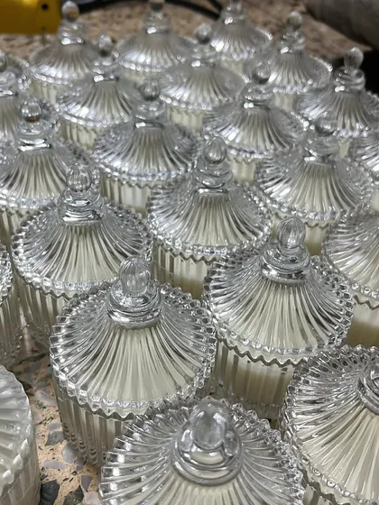 A large batch of our small crystal candles getting ready for a wedding order. They are a simple, elegant, and luxurious favor.