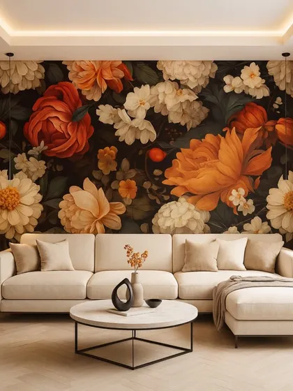 This vibrant floral wallpaper features a mix of orange and white flowers against a dark background, creating a lively and energetic feel in this modern living room.