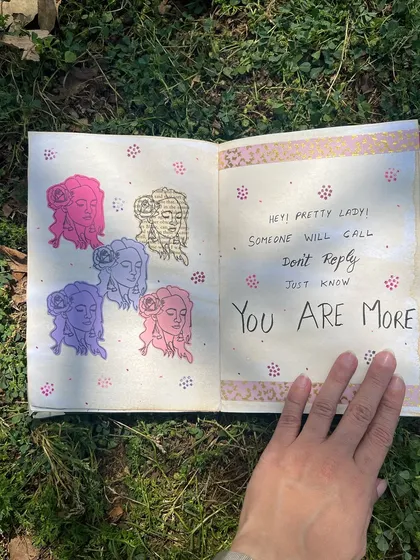 Another page from my outdoor journaling session. This one uses stamps and washi tape with a self-love reminder.