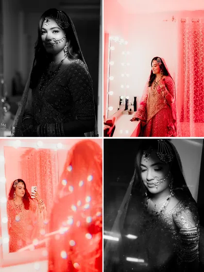 A collage of the bride's getting-ready moments, blending black and white with dramatic red lighting to create a moody and artistic series of portraits.