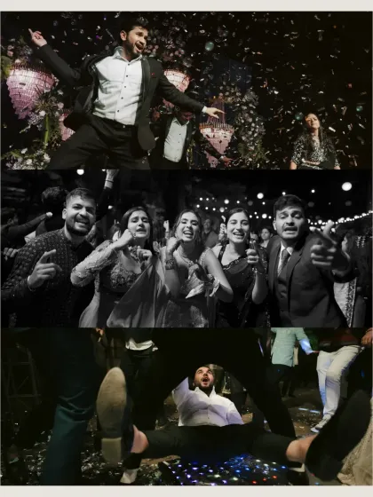 A collage of the groomsmen and guests letting loose on the dance floor, capturing the wild and fun energy of the party.