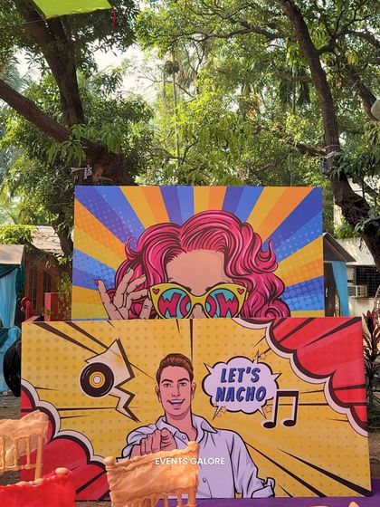 A quirky photo-op spot from the 'Pop Carnival' Haldi. The 'Let's Nacho' pop-art backdrop was a fun and informal invitation for guests to get into the party spirit.