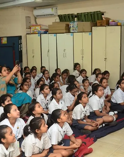 Storytelling for an all-girls audience at Mahadevi Birla Shishu Vihar. I love adapting my performance style to connect with every unique group of students.