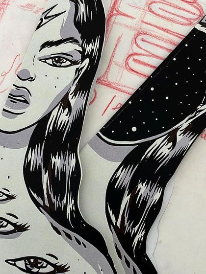 A process shot showing the paper illustration cutouts for 'Confrontation' alongside my initial sketches.