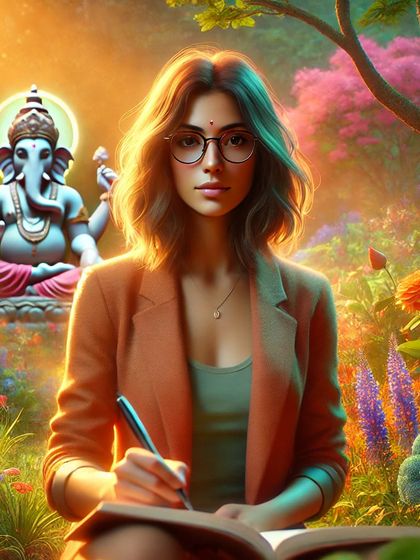 An AI-generated image of a woman writing with Ganesha in the background. Festivals raise our energy, foster unity, and help manifest our dreams, much like the creative process.