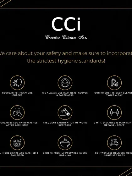 An overview of our strict hygiene standards. From regular temperature checks and sanitized work surfaces to contactless delivery, we incorporate rigorous safety protocols at every step of our food preparation and service process.