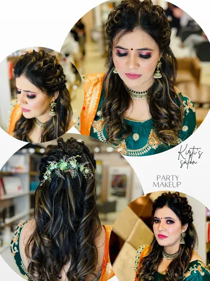 A collage of the client with the half-updo and floral accessories. It provides multiple angles of the hairstyle and the complementary makeup.