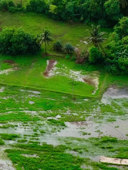 A closer look at a farmhouse surrounded by waterlogged fields during the monsoon. This image highlights my ability to capture specific details of a property and its environment, which can be crucial for agricultural assessments or real estate documentation.