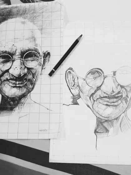 An ongoing session in our online class, where a student is using the grid method to create a portrait of Gandhi.
