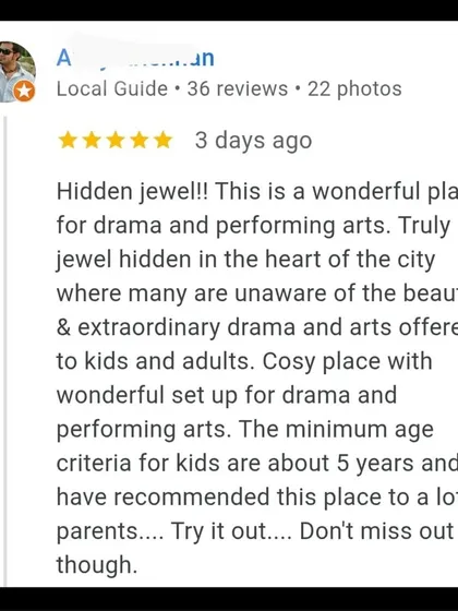Reviews like this fill me with so much gratitude! When people call Vyoma a "hidden jewel," it tells me we are creating the warm, supportive, and extraordinary home for the arts that I always dreamed of.