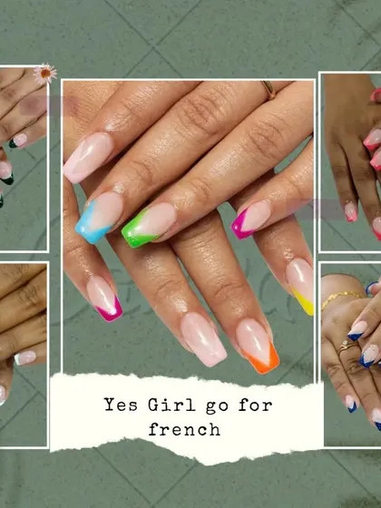 This collage shows just a few of the endless possibilities for a modern French manicure. We can customize the look with any color, from classic black and white to vibrant neons.