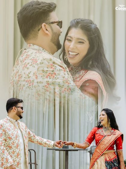 A dreamy double exposure combining a close-up with a full shot of the couple holding hands.