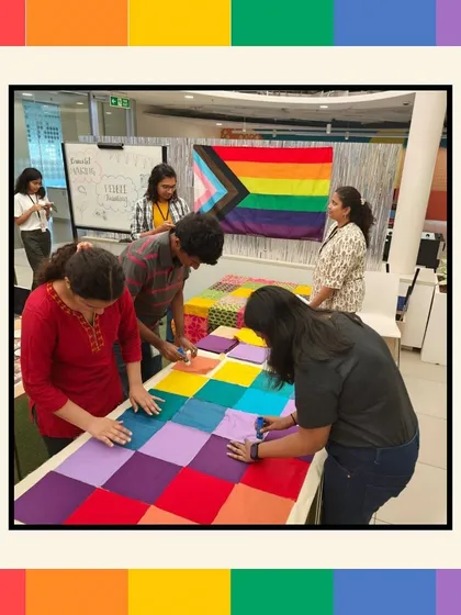 We design workshops that support your company's values. For Pride Month at Intuit, employees collaborated to create this beautiful rainbow quilt, symbolizing unity and inclusion. The final quilt was donated to an NGO, turning a team-building activity into a meaningful contribution.