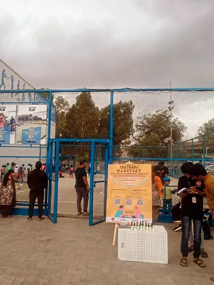 The registration desk for our chess tournament outside Decathlon, ready for a day of competition. We can host events in unique indoor and outdoor venues across Bangalore.