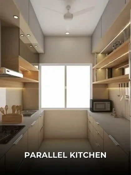 The parallel or galley kitchen layout features two countertops running parallel to each other. This is a highly efficient design for serious cooks, as it keeps everything within easy reach.