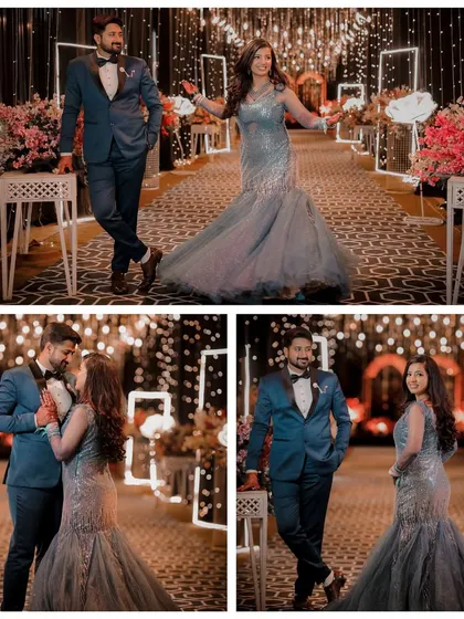 A fairytale entrance at the Sangeet. This collage captures the couple in a beautifully lit walkway, showcasing the bride's flowing gown and the groom's dapper suit, creating a truly magical atmosphere.