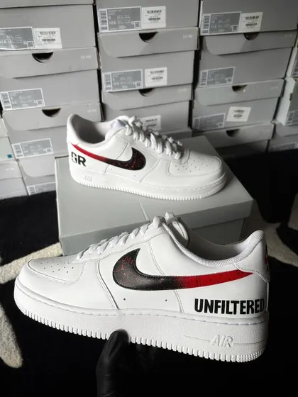 The Samay Raina custom sneakers displayed on their box, with a background of my sneaker inventory.