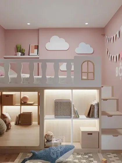 This adorable pink room features a loft bed with a play area underneath. The design is personalized with a Dumbo wall decal, cloud decor, and a staircase with built-in storage for toys and books.