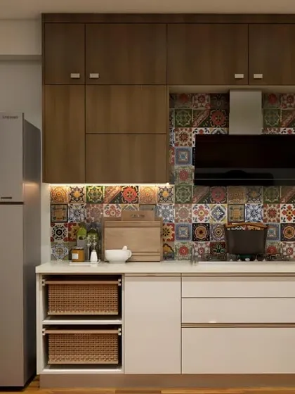 A backsplash is a great place to show personality. Here, I paired clean white cabinets and a simple countertop with a vibrant, patterned tile backsplash to create a focal point that is full of character, complemented by practical open-shelf baskets.