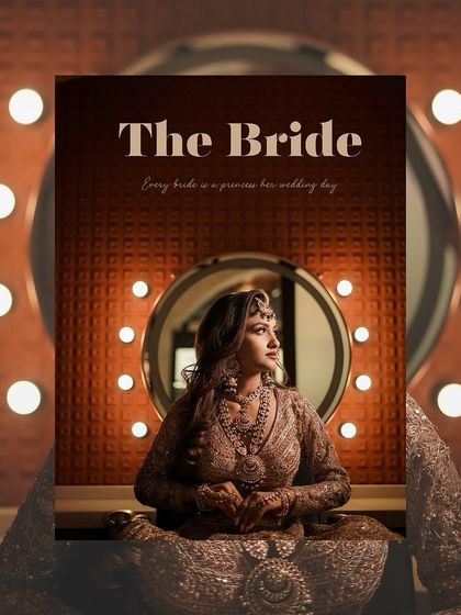 A bridal portrait framed by a vanity mirror with lights, creating a classic "getting ready" movie-poster look.