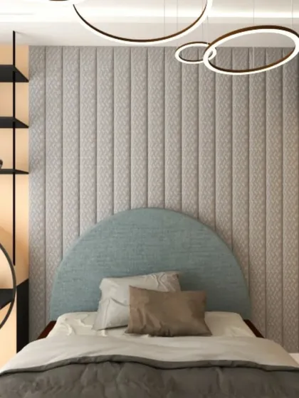 Another angle of the chic bedroom, highlighting the open shelving and minimalist decor.
