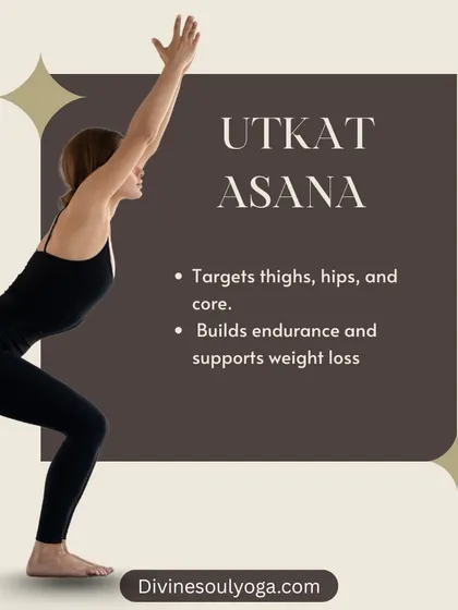Utkatasana (Chair Pose) is a powerful asana that targets the thighs, hips, and core. It is fantastic for building endurance and supporting weight loss goals by engaging major muscle groups.