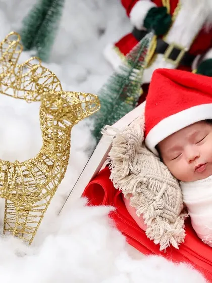 A peaceful newborn Christmas portrait. The baby is sleeping soundly in a miniature sleigh, surrounded by festive props like a golden reindeer and tiny pine trees.