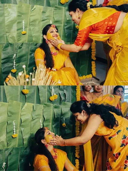 Friends and family lovingly applying turmeric paste to the bride. These photos are all about the shared joy and community of pre-wedding rituals.