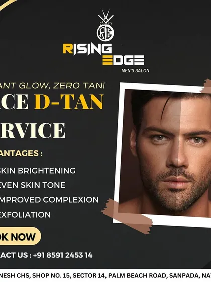 Get an instant glow and say goodbye to tan. My face D-tan service is designed specifically for men's skin to deliver skin brightening, an even skin tone, improved complexion, and gentle exfoliation. Book now to see the difference.