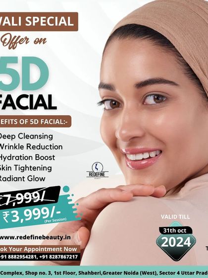 A Diwali special offer for our popular 5D Facial. This treatment is perfect for getting a radiant glow for the festive season, as it provides deep cleansing, wrinkle reduction, and skin tightening.