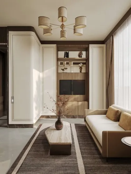 This series of renders explores a living room defined by modern elegance and warm minimalism. We show the space from multiple angles, detailing the custom wall paneling, the sleek furniture, and the flow of natural light.