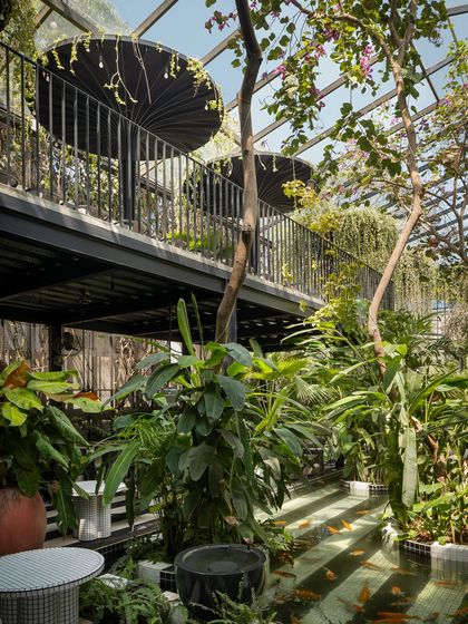 A view from the lower level of the Sunrise restaurant, looking up at the mezzanine. Trees and plants grow through the structure, connecting the different levels and reinforcing the biophilic design concept.